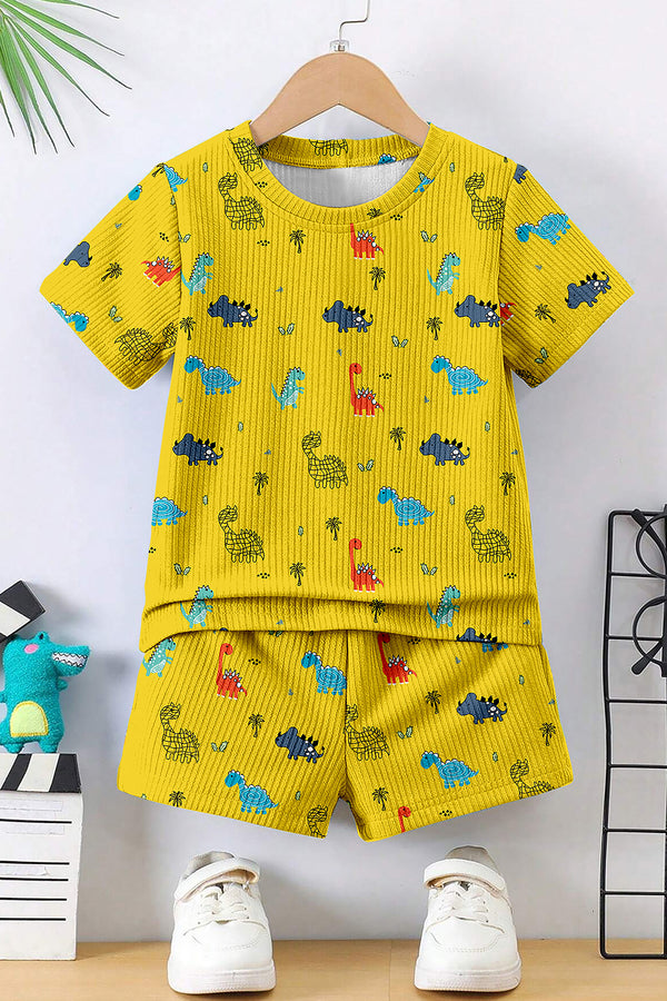 Boys Yellow Lycra Blend Animal Printed Clothing Set