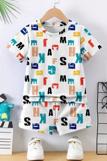 Boys White Lycra Blend Printed T-shirt and Short Clothing Set