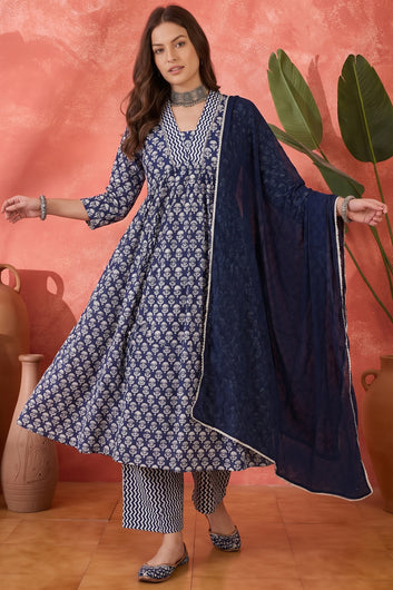 Women Blue Cotton Blend Floral Printed Kurta And Pant With Dupatta Set Festive Wear