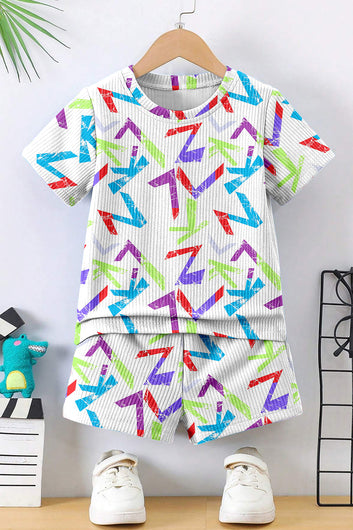 Boys White Lycra Blend Printed T-shirt and Short Clothing Set