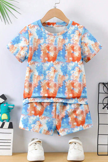 Boys Light Blue Lycra Blend Printed T-shirt and Short Clothing Set