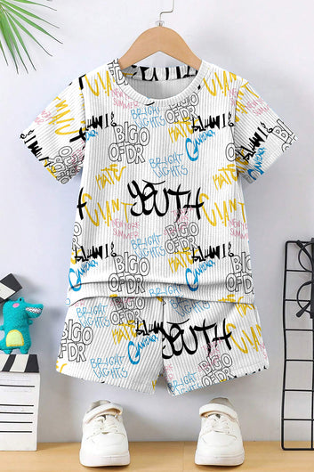 Boys White Lycra Blend Printed T-shirt and Short Clothing Set