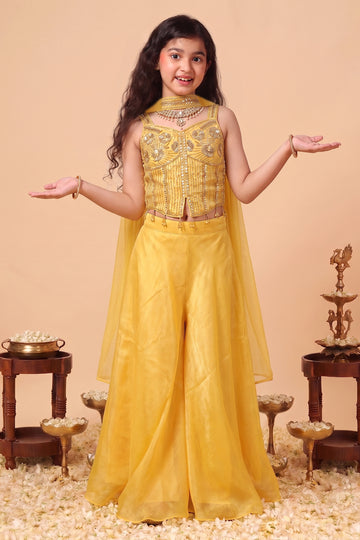 Girls Yellow Silk Blend Embroidered Party/Festive Wear 4-Piece Ethnic Set- Crop Top, Palazzo, Inner Top & Dupatta