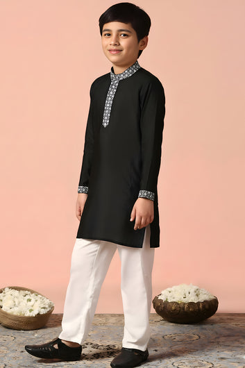Boy's Black Chanderi Silk Embroidered Kurta Pajama Set