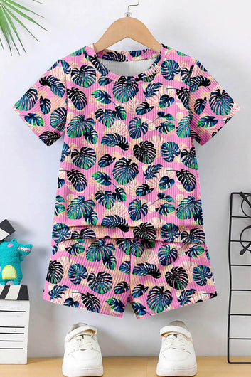 Boys Pink Lycra Blend Tropical Printed T-shirt and Short Clothing Set