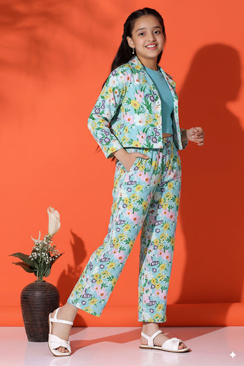 Girls Sky Blue Cotton Blend Flower Printed Co ords sets Whith Jecket