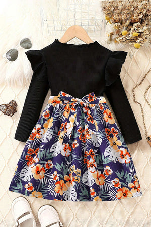 Baby Girl's Black Rib Lycra Abstact Printed Fit & Flare Dress