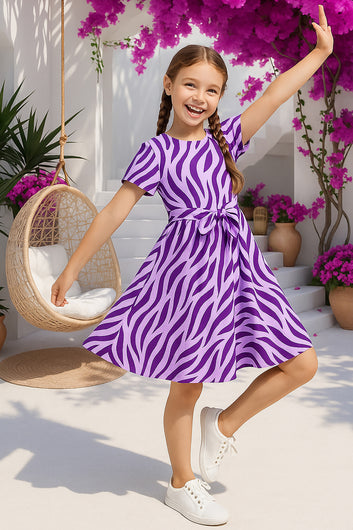 Girl's Purple Cotton Blend Fit & Flare Knee Legth Casual Dress