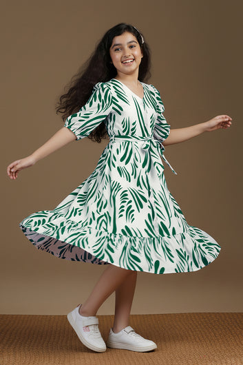 Girl's Green Rayon Printed Midi Dress