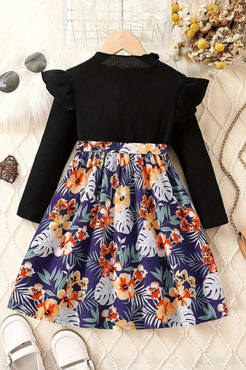 Baby Girl's Black Rib Lycra Abstact Printed Fit & Flare Dress