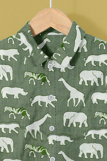 Boy's Pista Cotton Animal Printed Shirt and Pant Clothing Set