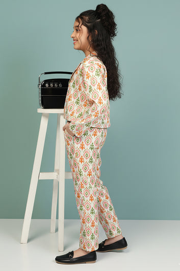 Girls Parrot Lycra Blend Printed Crop top, Jacket & Pant Set