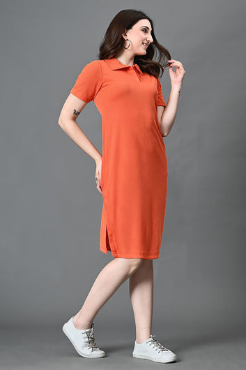 Women Rust Rib Solid Knee Legnth Dress