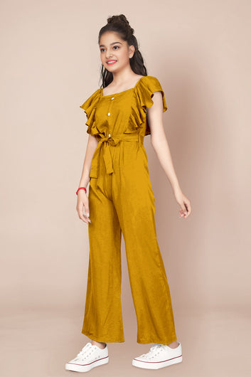 Girls Mustard Cotton Blend Ruffled Jumpsuit