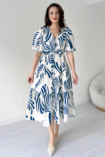 Womens Blue Viscose Rayon Printed Calf Length dress