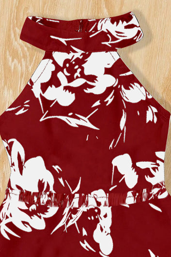 Girls Maroon Cottton Blend Floral Printed Fit And Flare Knee Length Dress