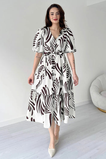 Womens Coffee Viscose Rayon Printed Calf Length dress