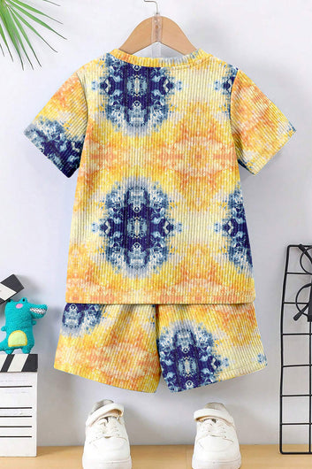 Boys Yellow Lycra Blend Printed T-shirt and Short Clothing Set