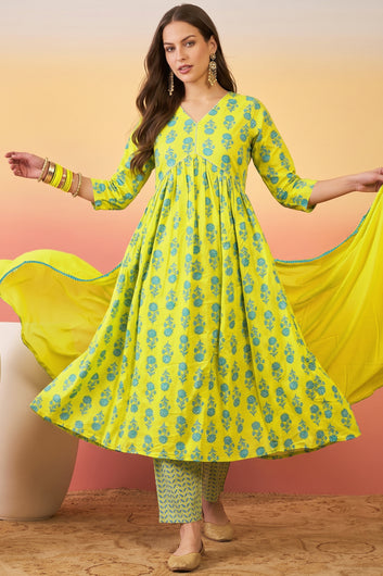 Women Yellow Cotton Blend Floral Print Kurta And Pant With Dupatta Set Ethnic Outfit