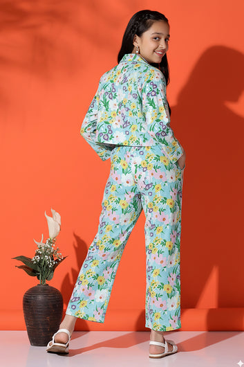 Girls Sky Blue Cotton Blend Flower Printed Co ords sets Whith Jecket
