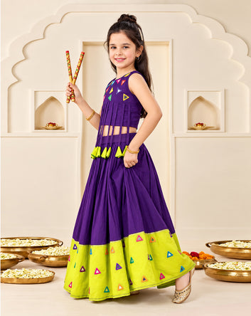 Girls Voilet Silk Blend Mirror work Embroidered Lehenga and Choli Festive Set For Girls