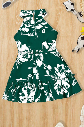 Girls Dark Green Cottton Blend Floral Printed Fit And Flare Knee Length Dress