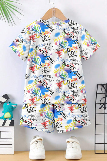 Boys White Rib Graphic Print T-Shirt and Shorts Set For Causal Wear