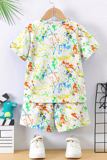 Boys White Lycra Blend Printed T-shirt and Short Clothing Set