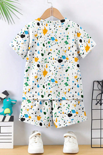 Boys White Lycra Blend Printed T-shirt and Short Clothing Set