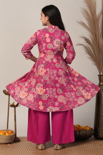 Girl's Rani Chanderi Silk Printed Front Slit Kurta and Palazzo Set