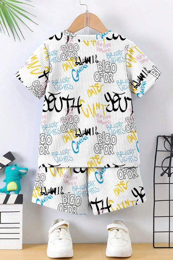Boys White Lycra Blend Printed T-shirt and Short Clothing Set
