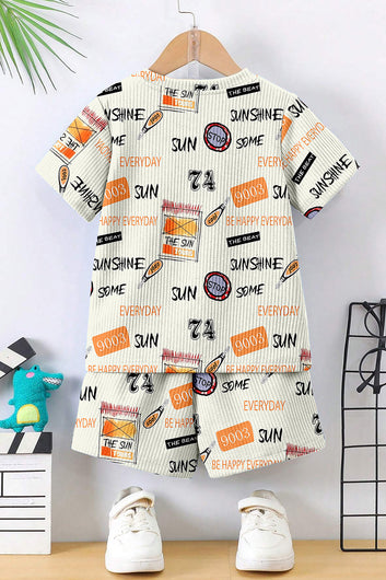 Boys Cream Lycra Blend Printed T-shirt and Short Clothing Set