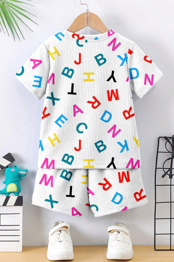 Boys White Lycra Blend Printed T-shirt and Short Clothing Set
