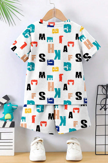 Boys White Lycra Blend Printed T-shirt and Short Clothing Set