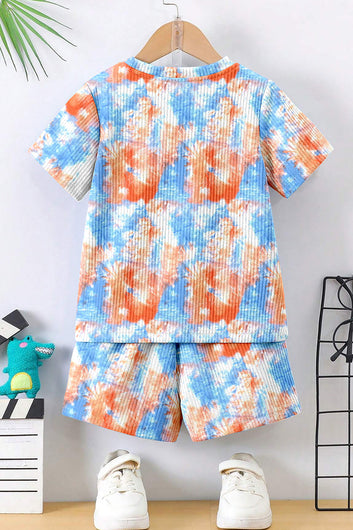 Boys Light Blue Lycra Blend Printed T-shirt and Short Clothing Set