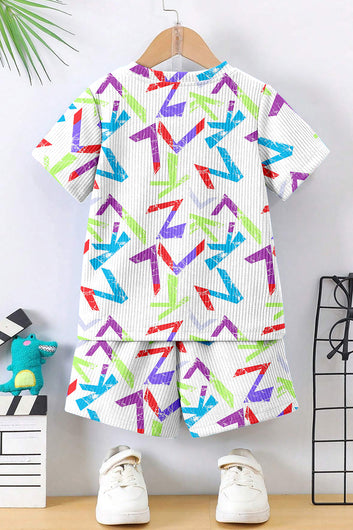 Boys White Lycra Blend Printed T-shirt and Short Clothing Set