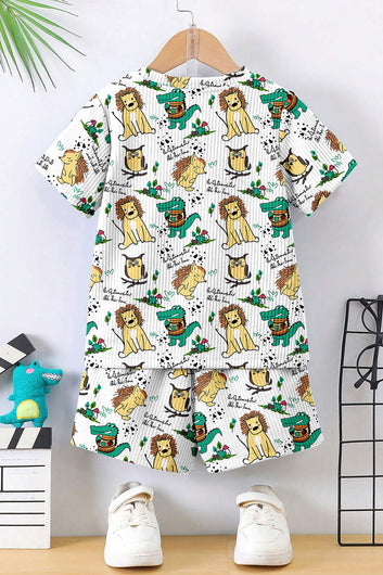 Boys White Lycra Blend Animal Printed T-shirt and Short Clothing Set