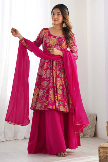 Womens Pink Chinon Silk Printed Kurta Set with Dupatta