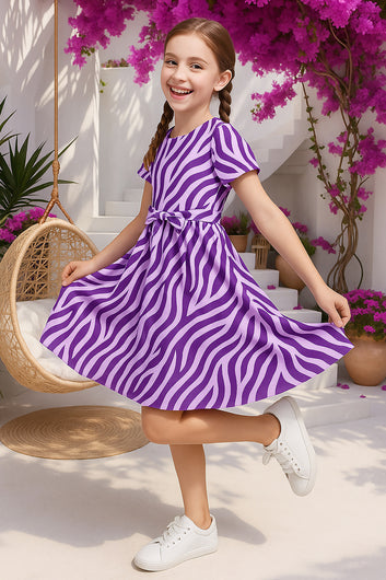 Girl's Purple Cotton Blend Fit & Flare Knee Legth Casual Dress