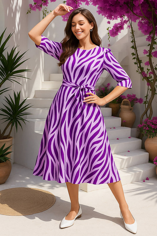 Womens Purple Cotton Blend Animal Printed Midi Length Casual Dress