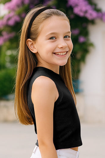 Girls Black Ribbed Solid Sleeveless Crew Neck Casual Top For Kids Summer Trend