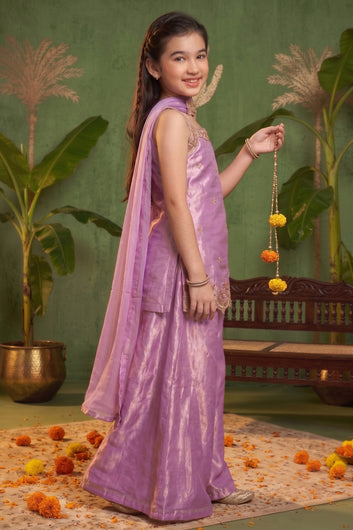 Girls Purple Silk Blend Embroidered Kurta and Palazzo with Dupatta For Ethnic Look
