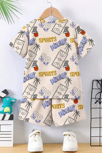 Boys Cream Lycra Blend Printed T-shirt and Short Clothing Set