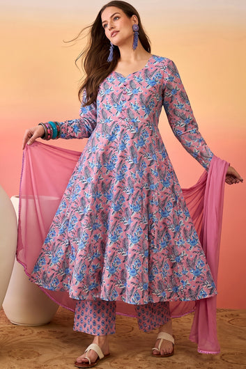 Women's Pink Cotton Blend Floral Printed Kurta And Pant With Dupatta Set For Cultural Wear
