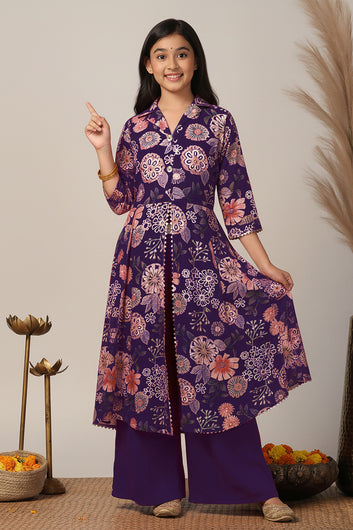 Girl's Dark Purple Chanderi Silk Printed Front Slit Kurta and Palazzo Set