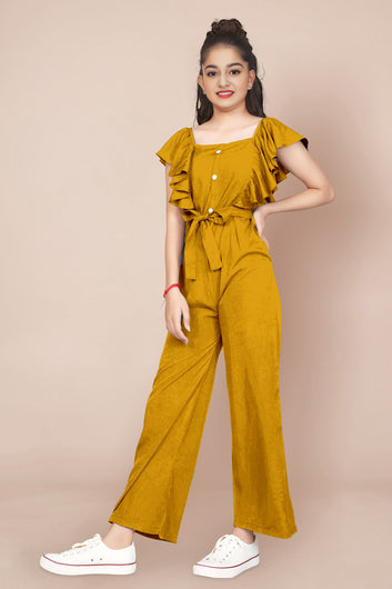 Girls Mustard Cotton Blend Ruffled Jumpsuit