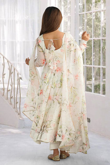 Womens Off White Georgette Floral Printed A-Line Kurta Set with Dupatta