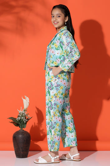 Girls Sky Blue Cotton Blend Flower Printed Co ords sets Whith Jecket