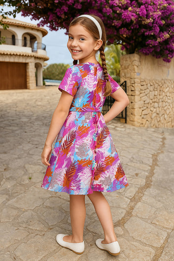 Girls Multicolor Cotton Blend Knee Length Printed Fit and Flared Dress