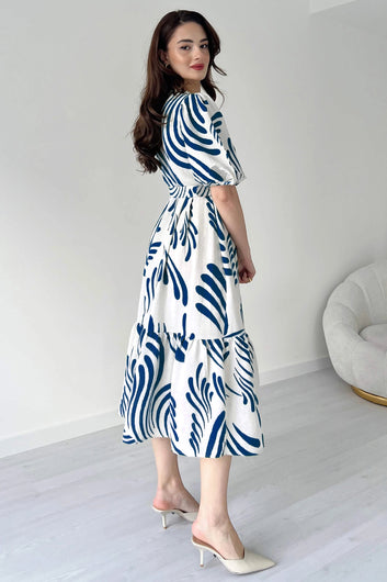 Womens Blue Viscose Rayon Printed Calf Length dress